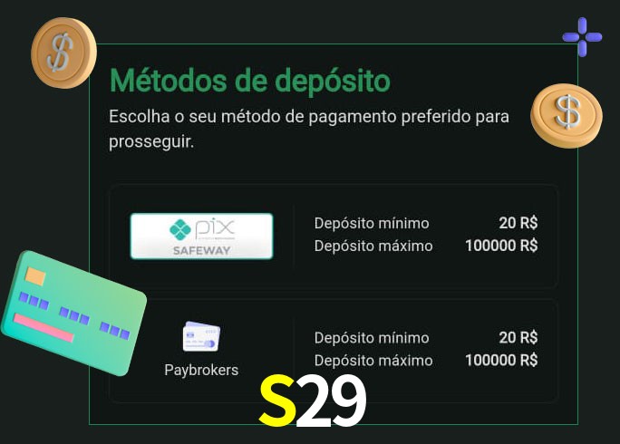 O cassino S29 oferece uma grande variedade de métodos de pagamento